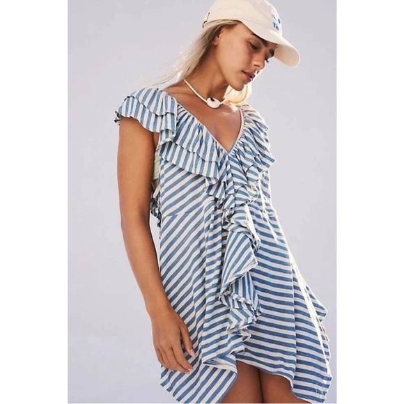 FP Beach Soft Blue Striped Tunic/Dress/Coverup. Open Back Detail, Ruffle Front. - Picture 4 of 16